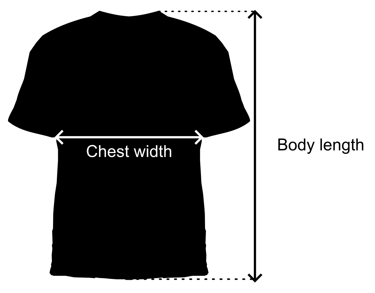 T-shirt size guide showing how to measure chest width and body length