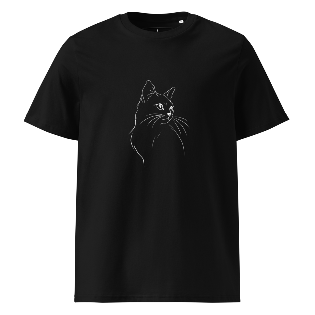 Black organic cotton T-shirt with a white minimalist long-haired cat line drawing