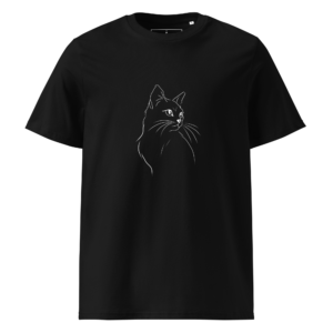 Black organic cotton T-shirt with a white minimalist long-haired cat line drawing
